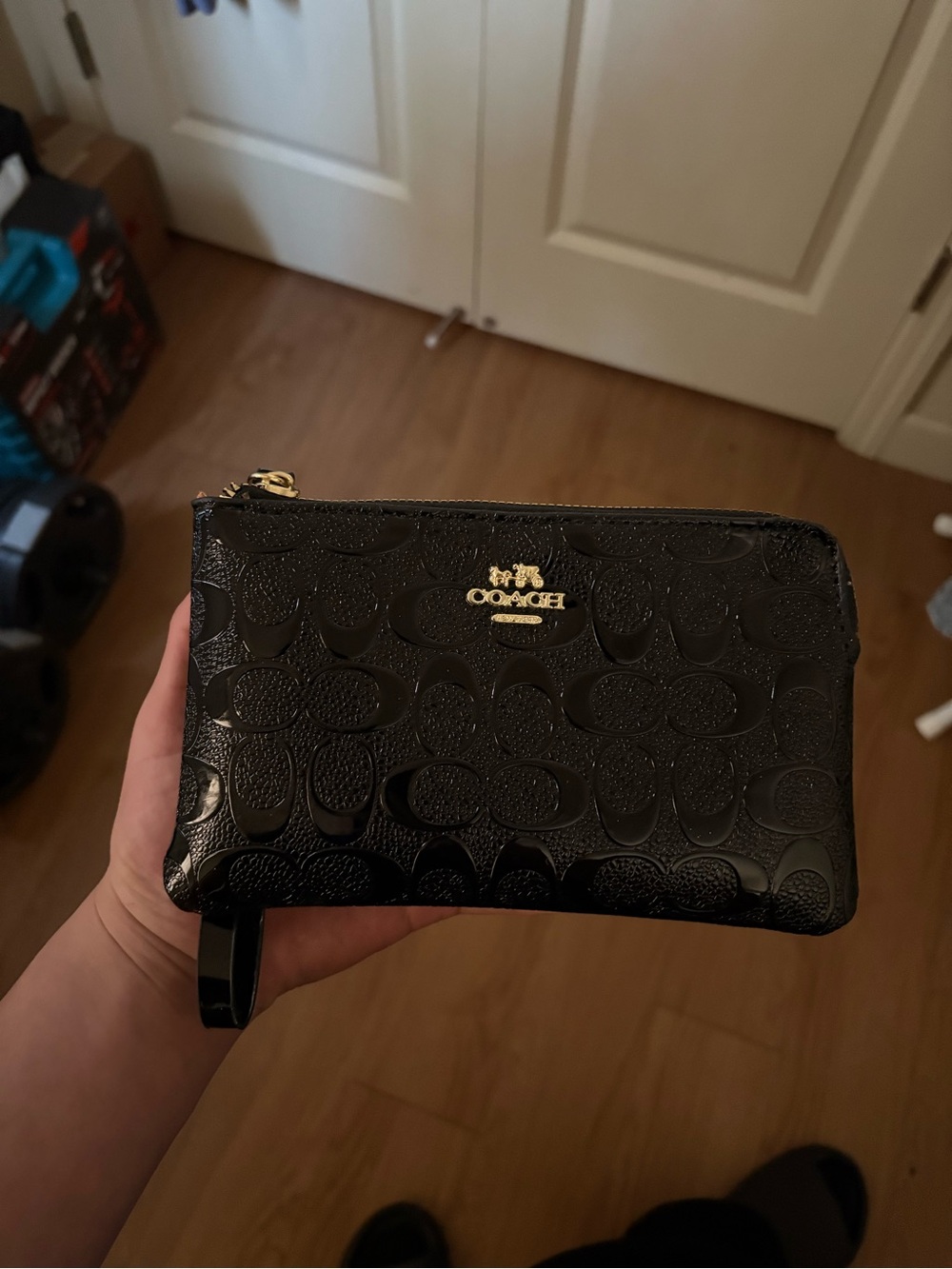 Coach Black Patent Signature Wristlet with Gold Logo